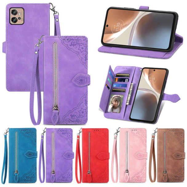 For Motorola Moto G32 Embossed Flower Zipper Leatherette Phone Case(blue)