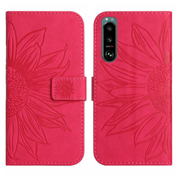 For Sony Xperia 5 III Skin Feel Sun Flower Pattern Flip Leatherette Phone Case with Lanyard(Rose Red)