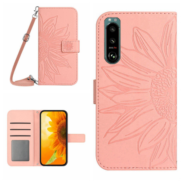 For Sony Xperia 5 III Skin Feel Sun Flower Pattern Flip Leatherette Phone Case with Lanyard(Pink)