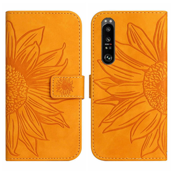 For Sony Xperia 1 III Skin Feel Sun Flower Pattern Flip Leatherette Phone Case with Lanyard(Yellow)