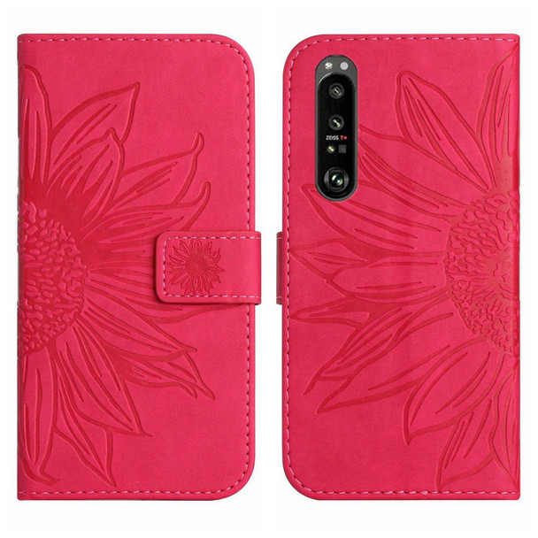 For Sony Xperia 1 III Skin Feel Sun Flower Pattern Flip Leatherette Phone Case with Lanyard(Rose Red)