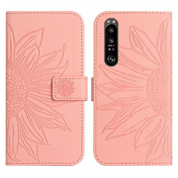 For Sony Xperia 1 III Skin Feel Sun Flower Pattern Flip Leatherette Phone Case with Lanyard(Pink)