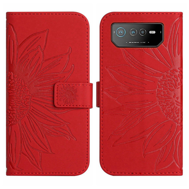 For Asus ROG Phone 6 Pro Skin Feel Sun Flower Pattern Flip Leatherette Phone Case with Lanyard(Red)