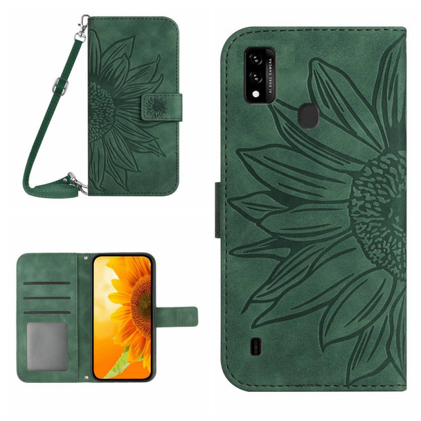 For ZTE Blade A51/A7P Skin Feel Sun Flower Pattern Flip Leather Phone Case with Lanyard(Green)