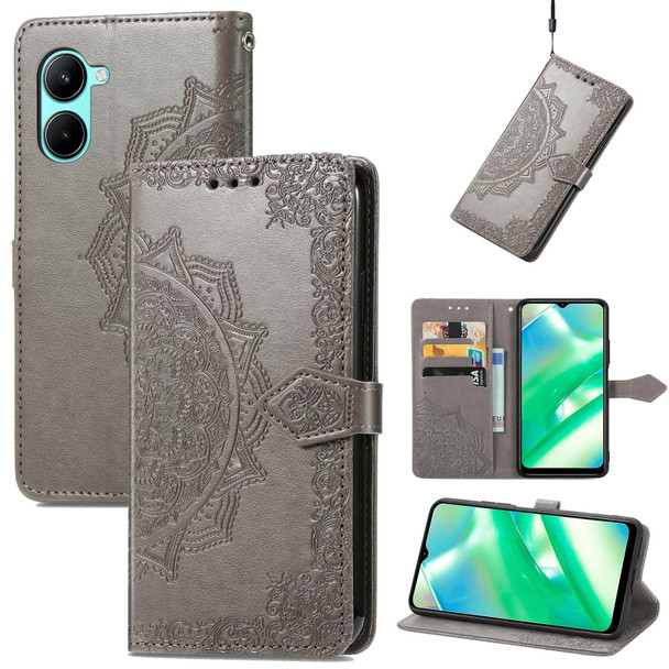 For Realme C33 Mandala Flower Embossed Leatherette Phone Case(Gray)