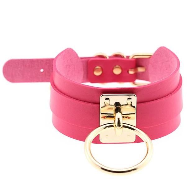 European and American Harajuku PU Leatherette Gold Single Ring Collar Wide Street-Snap Nightclub O-shaped Choker Necklace(Magenta)