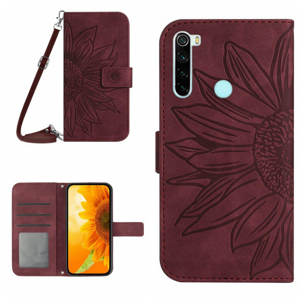 For Xiaomi Redmi Note 8 / Note 8 2021 Skin Feel Sun Flower Pattern Flip Leather Phone Case with Lanyard(Wine Red)