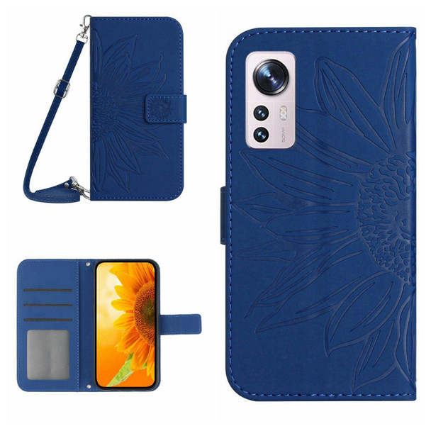 For Xiaomi 12 / 12X Skin Feel Sun Flower Pattern Flip Leather Phone Case with Lanyard(Dark Blue)