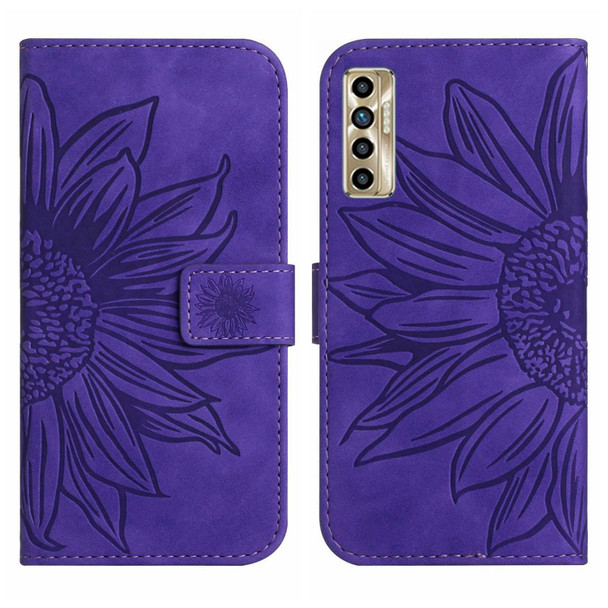 For Tecno Camon 17P Skin Feel Sun Flower Pattern Flip Leatherette Phone Case with Lanyard(Dark Purple)