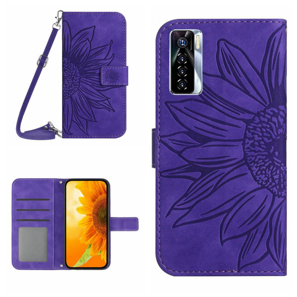 For Tecno Camon 17 Pro Skin Feel Sun Flower Pattern Flip Leatherette Phone Case with Lanyard(Dark Purple)