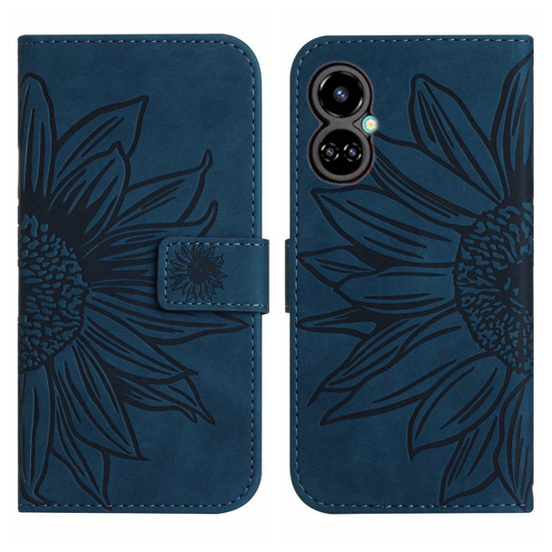 For Tecno Camon 19 Pro Skin Feel Sun Flower Pattern Flip Leatherette Phone Case with Lanyard(Inky Blue)