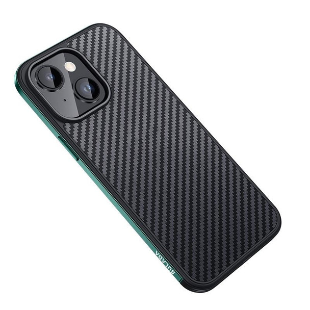 For iPhone 14 Plus SULADA Carbon Fiber Textured Shockproof Metal + TPU Frame Case(Dark Green)