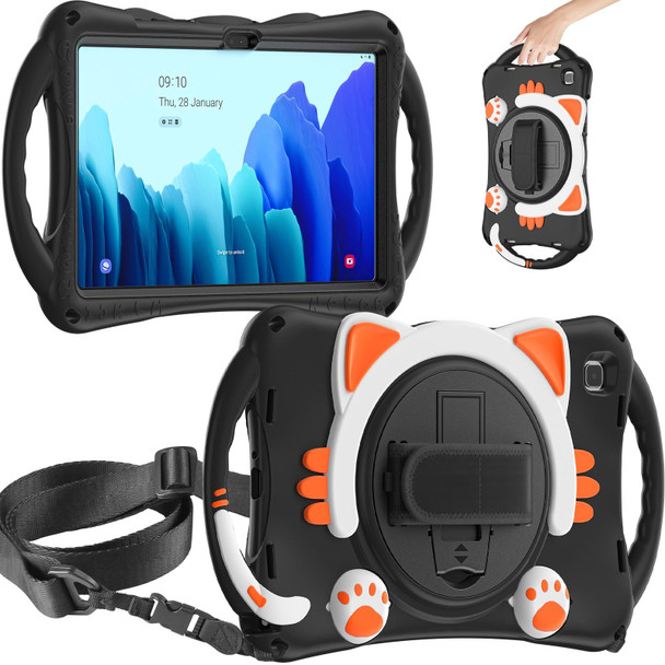 For Samsung Galaxy Tab A7 10.4 2020 SM-T500 Cute Cat King Kids Shockproof Silicone Tablet Case with Holder & Shoulder Strap & Handle(Black Orange)