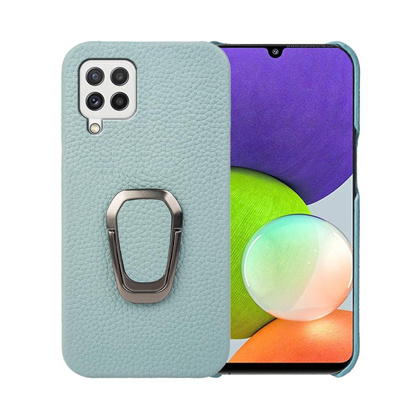 For Samsung Galaxy A22 4G Ring Holder Litchi Texture Genuine Leatherette Phone Case(Cyan)