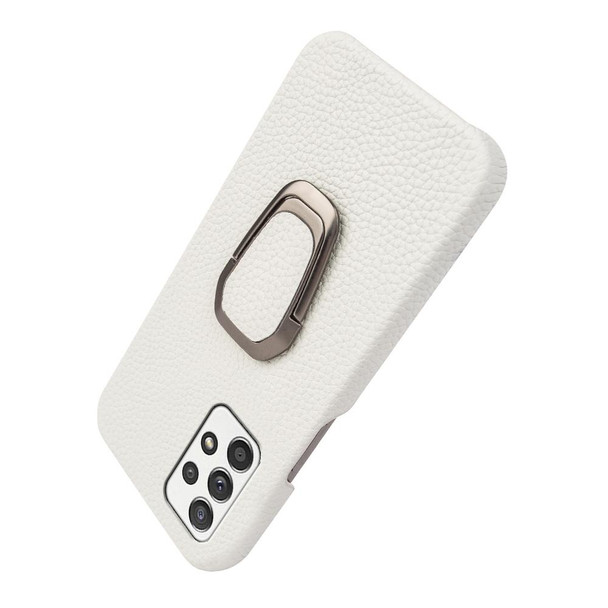 For Samsung Galaxy A52 5G Ring Holder Litchi Texture Genuine Leatherette Phone Case(White)