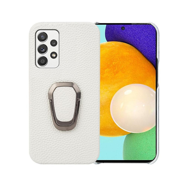 For Samsung Galaxy A52 5G Ring Holder Litchi Texture Genuine Leatherette Phone Case(White)