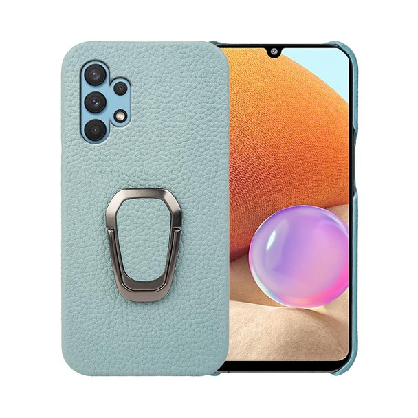 For Samsung Galaxy A32 4G Ring Holder Litchi Texture Genuine Leatherette Phone Case(Cyan)