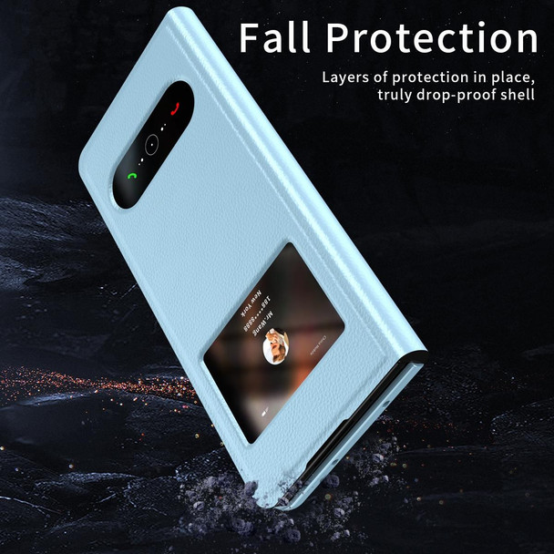 For Samsung Galaxy Z Fold4 Mature Window View Flip Leatherette Phone Case(Blue Lychee)