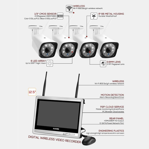 N4B3H2-P12/Kit 1080P Wireless Network Video Recorder Surveillance System Display:12.5 inch(White)