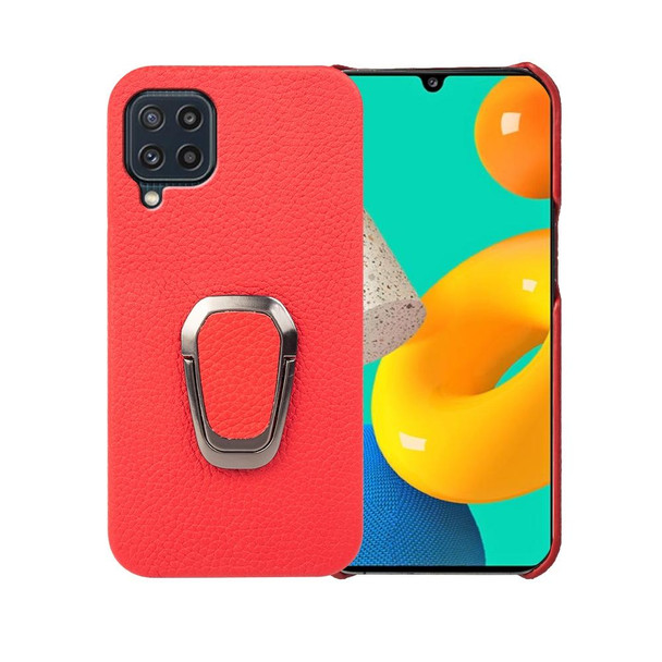 For Samsung Galaxy M32 Ring Holder Litchi Texture Genuine Leatherette Phone Case(Red)