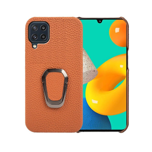 For Samsung Galaxy M32 Ring Holder Litchi Texture Genuine Leatherette Phone Case(Brown)