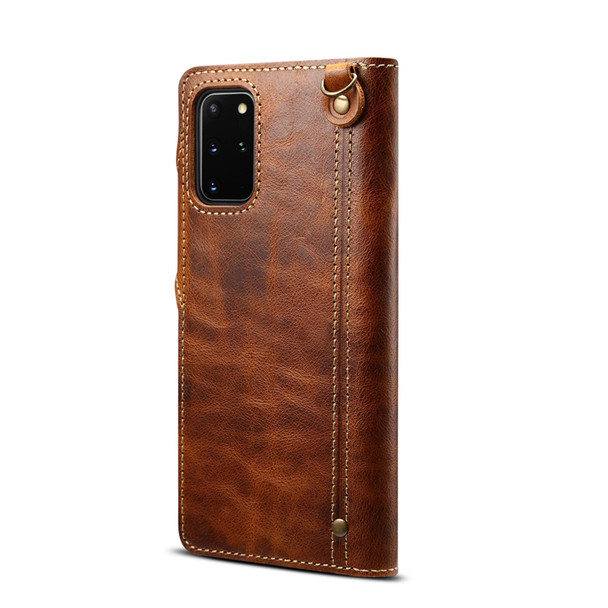 For Samsung Galaxy S20 Ultra Denior Oil Wax Cowhide Magnetic Button Genuine Leatherette Case(Brown)