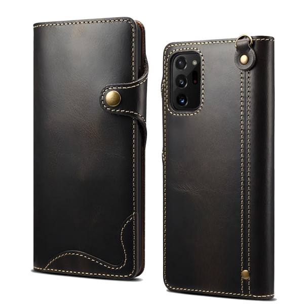 For Samsung Galaxy Note20 Ultra Denior Oil Wax Cowhide Magnetic Button Genuine Leatherette Case(Black)