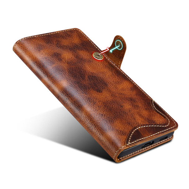 For Samsung Galaxy S21+ 5G Denior Oil Wax Cowhide Magnetic Button Genuine Leatherette Case(Brown)