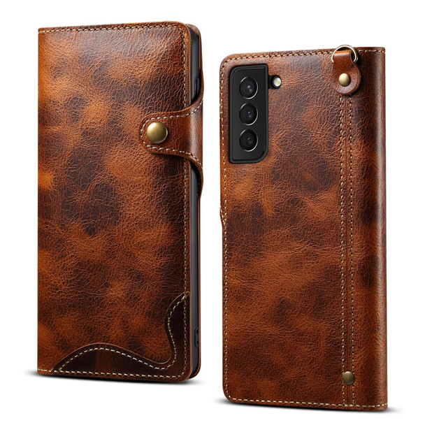 For Samsung Galaxy S21+ 5G Denior Oil Wax Cowhide Magnetic Button Genuine Leatherette Case(Brown)