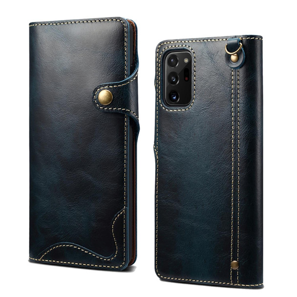 For Samsung Galaxy Note20 Ultra Denior Oil Wax Cowhide Magnetic Button Genuine Leatherette Case(Dark Blue)