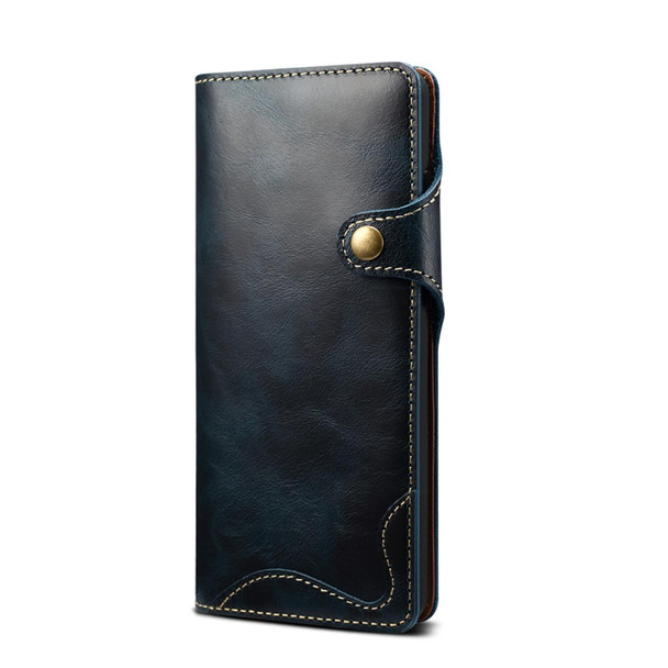 For Samsung Galaxy Note20 Ultra Denior Oil Wax Cowhide Magnetic Button Genuine Leatherette Case(Dark Blue)