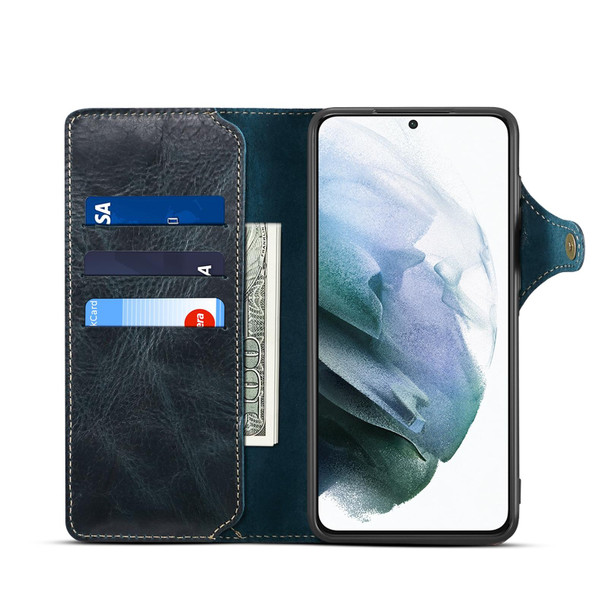 For Samsung Galaxy S21 5G Denior Oil Wax Cowhide Magnetic Button Genuine Leatherette Case(Dark Blue)