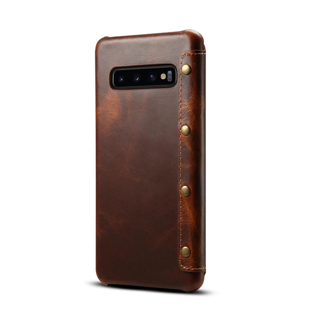 For Samsung Galaxy S10e Denior Oil Wax Top Layer Cowhide Simple Flip Leatherette Case(Brown)