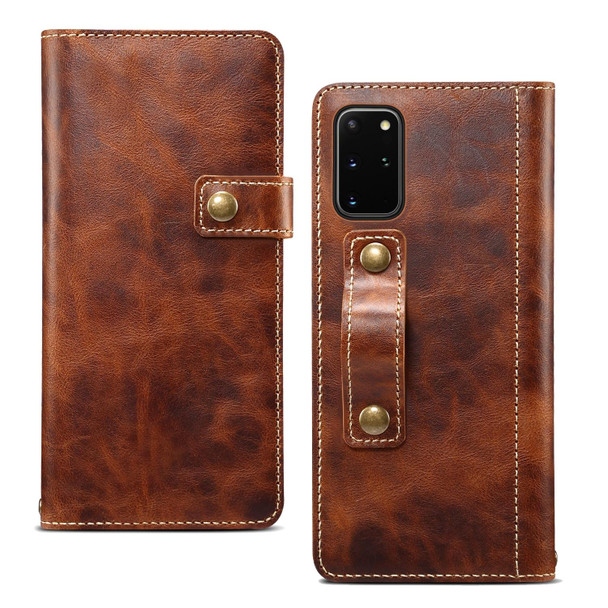 For Samsung Galaxy S20 Ultra Denior Oil Wax Cowhide DK Magnetic Button Leatherette Phone Case(Brown)