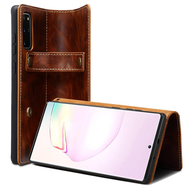 For Samsung Galaxy Note20 Ultra Denior Oil Wax Cowhide DK Magnetic Button Leatherette Phone Case(Brown)