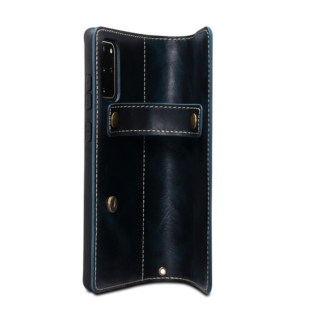 For Samsung Galaxy Note20 Ultra Denior Oil Wax Cowhide DK Magnetic Button Leatherette Phone Case(Dark Blue)