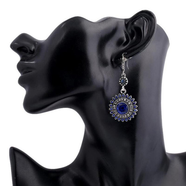 2 Pairs Ethnic Sun Flower Style Rhinestone Earrings Long Earbobs(Silver+Dark Blue)