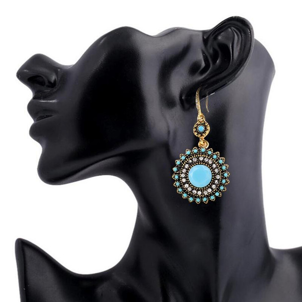 2 Pairs Ethnic Sun Flower Style Rhinestone Earrings Long Earbobs(Gold+Light Blue)