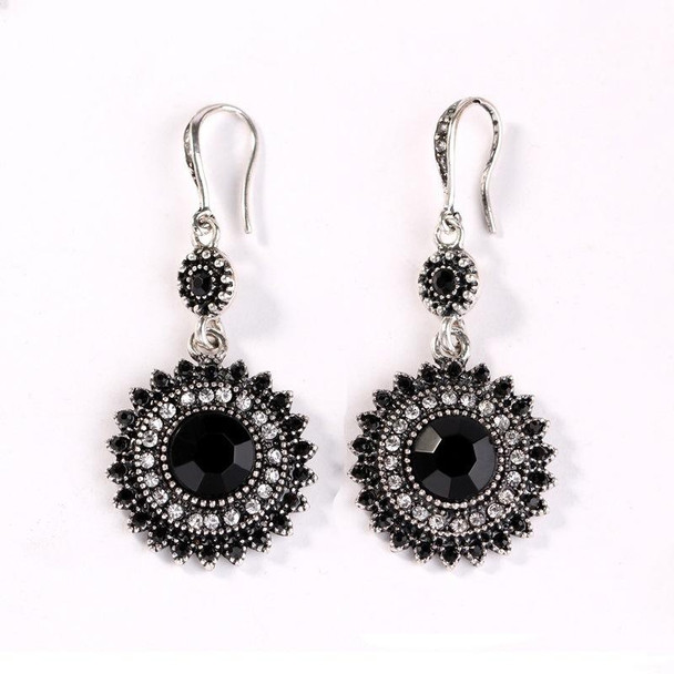 2 Pairs Ethnic Sun Flower Style Rhinestone Earrings Long Earbobs(Silver+Black)