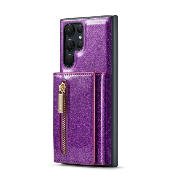 For Samsung Galaxy S22 Ultra 5G DG.MING M3 Series Glitter Powder Card Bag Leatherette Case(Dark Purple)