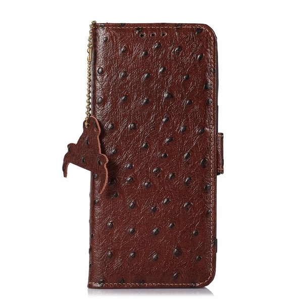 For iPhone 14 Ostrich Pattern Genuine Leatherette RFID Phone Case(Coffee)