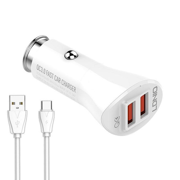 LDNIO C511Q 36W QC 3.0 Phone Fast Charger Dual-USB Ports Smart Car Charger with USB-C/Type-C Cable