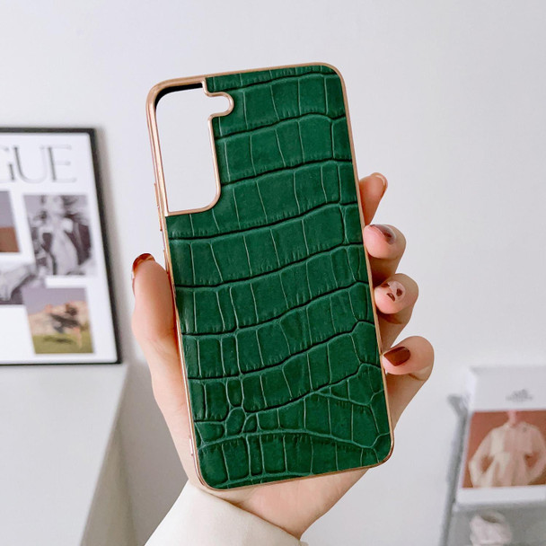 For Samsung Galaxy S22 5G Crocodile Texture Genuine Leatherette Electroplating Phone Case(Dark Green)