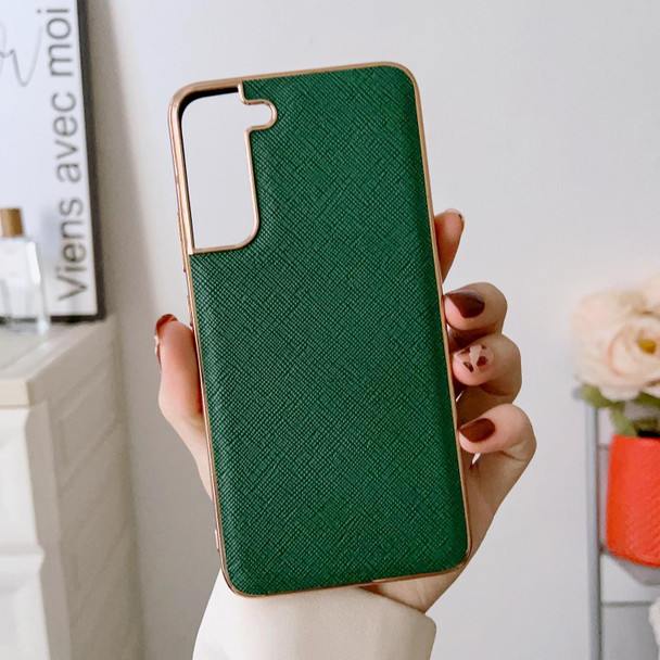 For Samsung Galaxy S22 5G Nano Electroplating Cross Texture Genuine Leatherette Phone Case(Green)