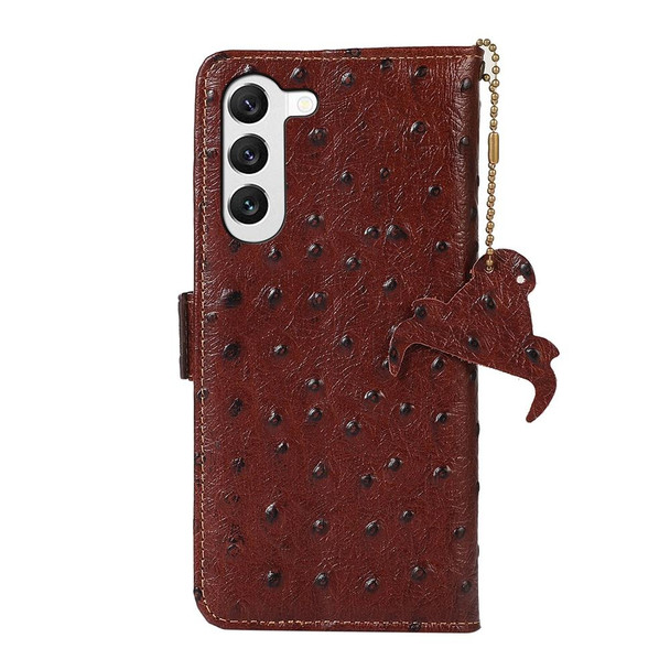 For Samsung Galaxy S22+ 5G Ostrich Pattern Genuine Leatherette RFID Phone Case(Coffee)