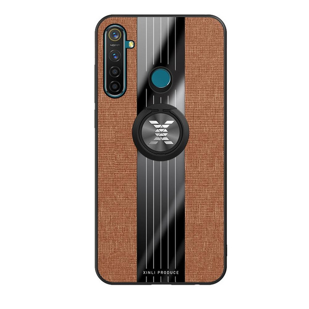 For OPPO Realme Q XINLI Stitching Cloth Textue Shockproof TPU Protective Case with Ring Holder(Brown)
