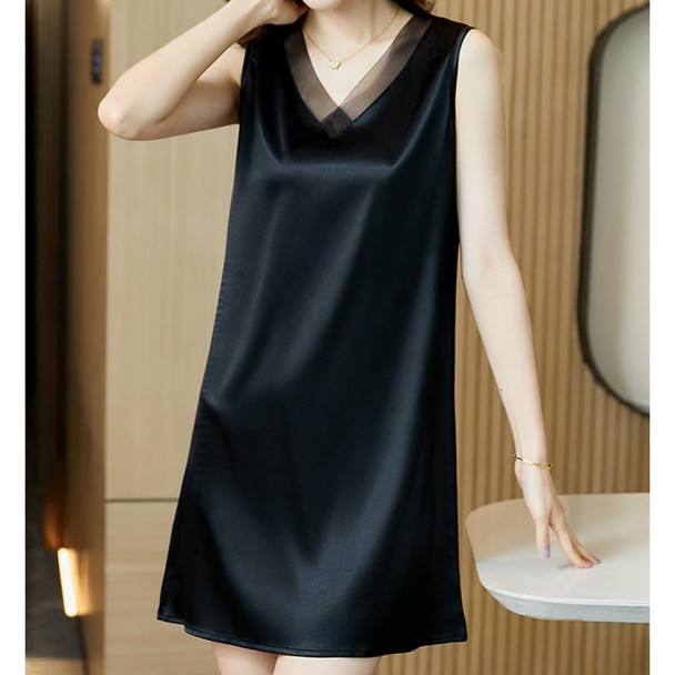 Satin Stitching Mesh Sleeveless Dress (Color:Black Size:L)