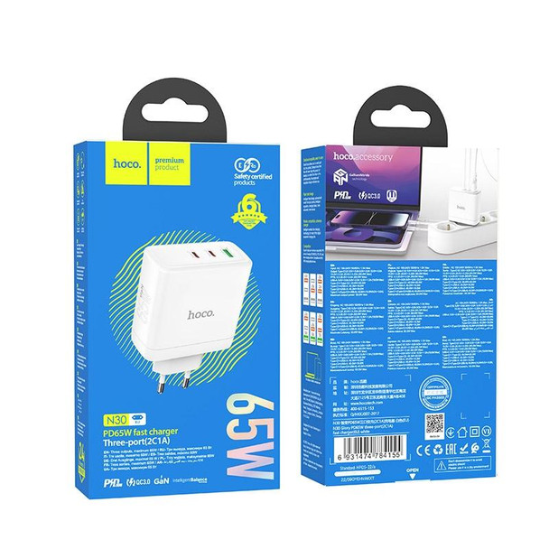 hoco N30 Glory PD 65W USB+ Dual USB-C/Type-C Interface Fast Charge Charger, EU Plug(White)