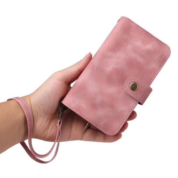 For iPhone 14 Pro Multifunctional Card Slot Zipper Wallet Flip Leatherette Phone Case(Rose Gold)