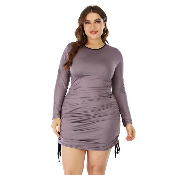 Women Large Size Round Neck Long Sleeve Dress (Color:Light Purple Size:XXXXL)